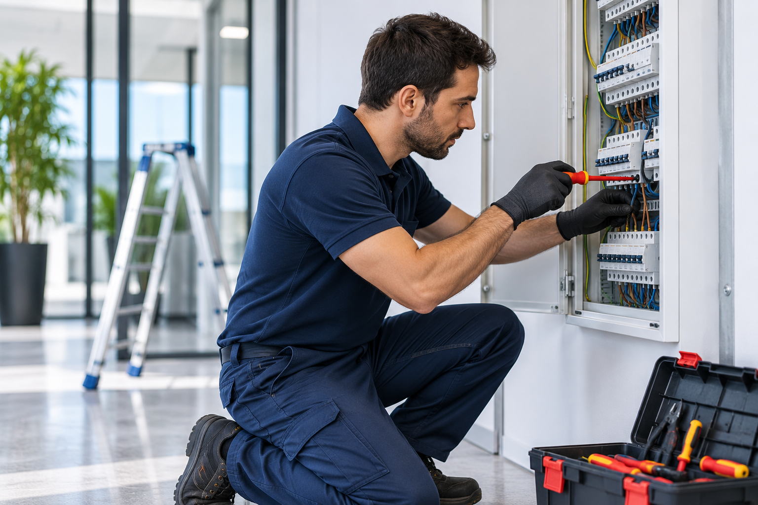 Profesional realizando una intervención de mantenimiento eléctrico en una instalación moderna (imagen ilustrativa, no representa un empleado, técnico, cliente o instalación real de McLanda)