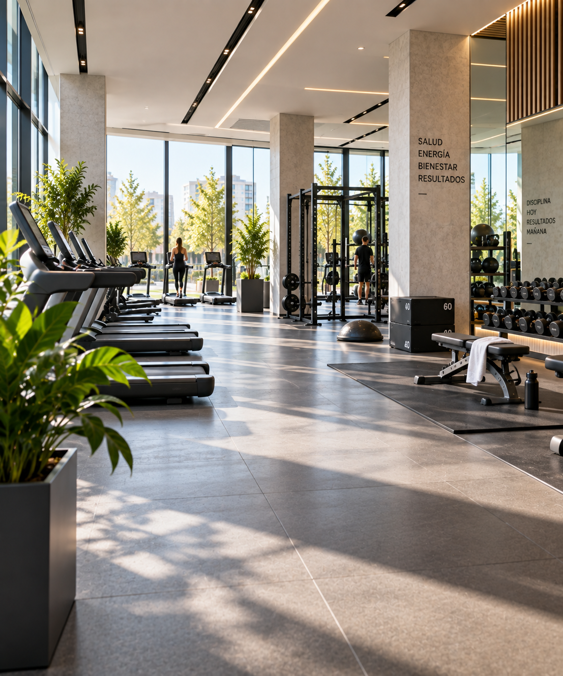 Sala de un gimnasio moderno con máquinas de cardio y zona de pesas (imagen ilustrativa, no representa una instalación real de McLanda)